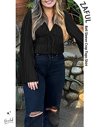 Zaful Women Deep V Neck Bell Long Sleeve Blouse Tie Knot Pleated Crop Top Solid Elegant Tunic Shirt Black #TOP4