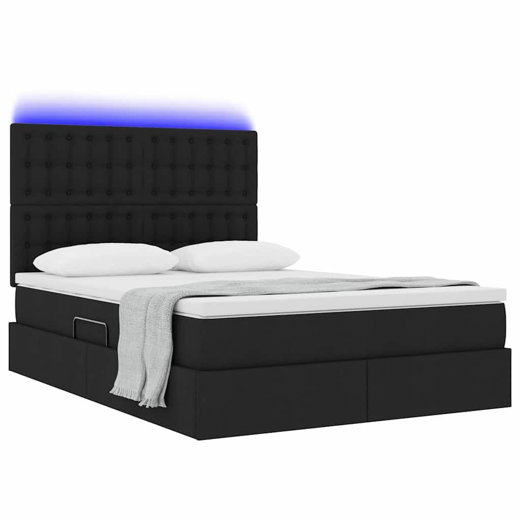 Metalowy z oświetleniem LED do sypialni nowoczesny Czarny 140 x 200 cm | Łóżko z materacem i pojemnikiem na pościel LED Czarny 140x200 z hydraulicznym podnoszeniem i regulowanym oświetleniem RGB