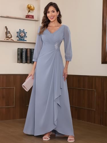 Women's Long Ruched Chiffon Mother of The Bride Dresses for Wedding 3/4 Sleeve Evening Formal Gown with Ruffles2