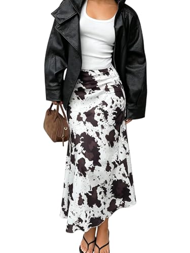 MakeMeChic Womens Satin Cow Print Long Skirt Maxi Silk Low Waist A Line Flare Summer Going Out Skirts Multicolor Small