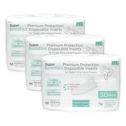 Overnight Diaper Leak Stopper, Super Boosties Disposable Inserts, Use with Pampers Sizes 4-6, Honest Hybrid Diaper Cover Sz Med/Large, Amazing Baby Cover Sz 3/4, 4.3x13 in, 90 Count