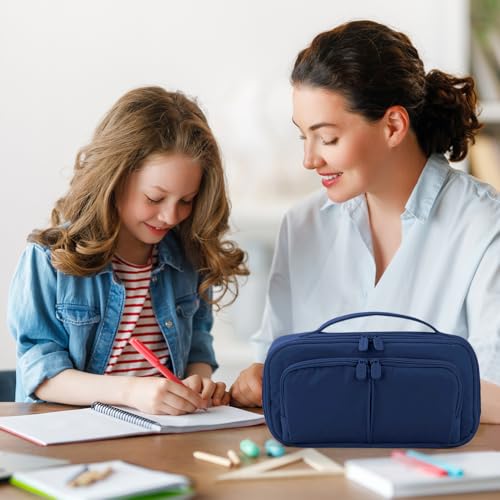 Image of Pencil Case Large Capacity Pencil Pouch Pen Bag with Handle, Portable Pencil Case Pencil Bags with Zipper Student Stationery Bag for Girls and Boys Teen Adults Men Women (Navy Blue)