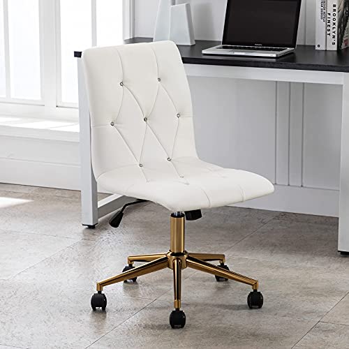 Duhome Modern Home Office Chair，Cute White Desk Chair With Gold Base, Pu Leather Task Chair Computer Chair Rolling Chair With Wheels, Armless Vanity Chair For Teens #TOP3