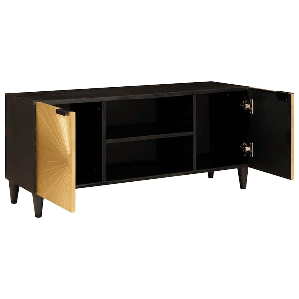 Hothingwell Szafka pod telewizor czarno-złota 105 x 33 x 46 cm drewno konstrukcyjne | Zawiasowe drzwi, stoły wewnętrzne, nogi stożkowe, przechowywanie multimediów do salonu