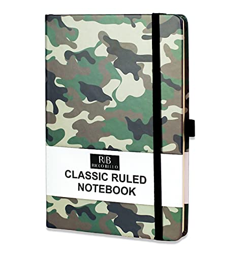 RICCO BELLO College Ruled Hardcover Lined Lay Flat Journal Notebook - Elastic Closure, Pen Loop, Bookmark, Inner Pocket, 192 Lined Pages, 5.7 x 8.4 inches (Green Camo)