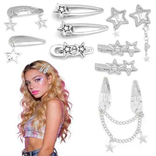 10 Pezzi Mollette Capelli Y2K, Accessori Capelli Gotici in Argento con Stella e Pentagramma, Clip Capelli Cool per Ragazze e Donne, Hair Clips Stile Y2K