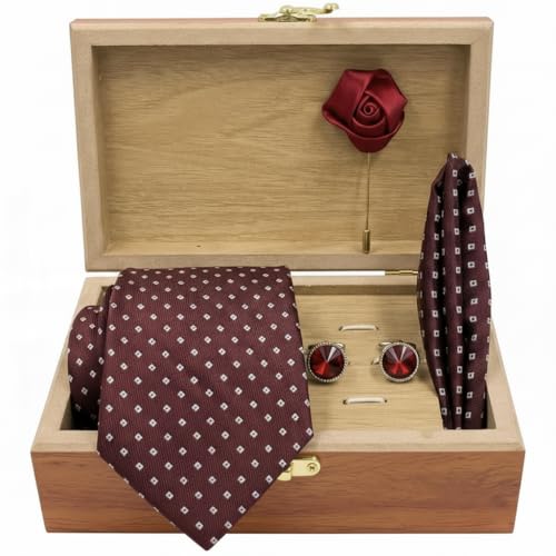 Image of Men's Necktie Gift Set with Wooden Box | Premium Tie, Pocket Square, Cufflinks & Lapel Pin | Elegant Formal Accessories Gift for Men