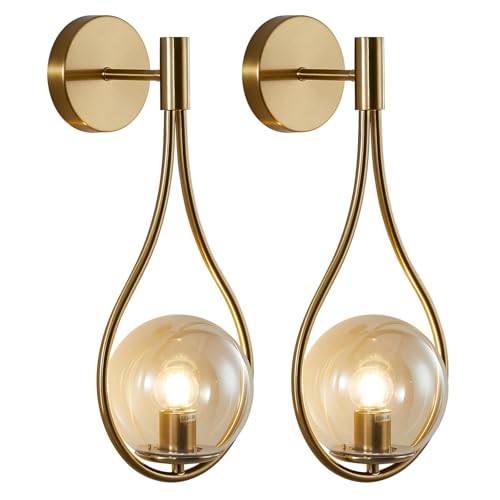 Image of KCO Lighting Teardrop Wall Sconce Brass Gold Wall Sconce Set of 2 Vintage Amber Glass Wall Light Mid Century Modern Bathroom Vanity Light