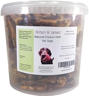Britten & James Natural Dried Chicken Feet for Dogs in a Resealable 5L Tub. High in protein and trace elements. Helps to remove tartar and reduce bad breath.