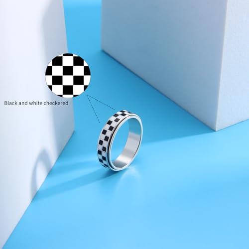 AmorArtSky Checkered Fidget Ring for Adults - 18K Gold Plated Stainless Steel Rotating Spinner Jewelry, Anxiety & Stress Relief Gift for Women/Men (Black and White Pattern)4