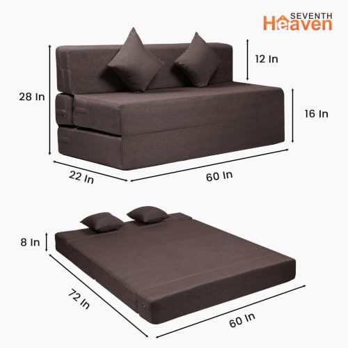 Image of Seventh Heaven Rejioce 3 Seater 5 * 6 Jute Fabric Washable Cover Sofa Cum Bed with 2 Cushions 3 Seater Double Foam Fold Out Sofa Cum Bed (Finish Color - Brown Delivery Condition - Pre-Assembled)