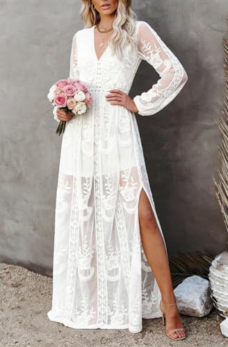Image of LRISES Womens V Neck Floral Embroidered Lace Wedding Maxi Dress Boho Short Sleeve Slit Bridesmaid Evening Party Dresses