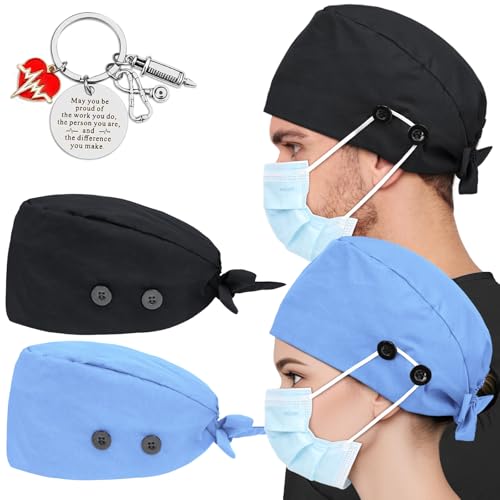 Image of 2 Pcs Satin Lined Scrub Cap Nurse Hats for Women Men 4 Buttons