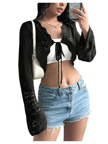 SHENHE Women's Hollow Out Tie Up Bell Sleeve Cropped Cardigan Sheer Crochet Shrug Bolero Black Small