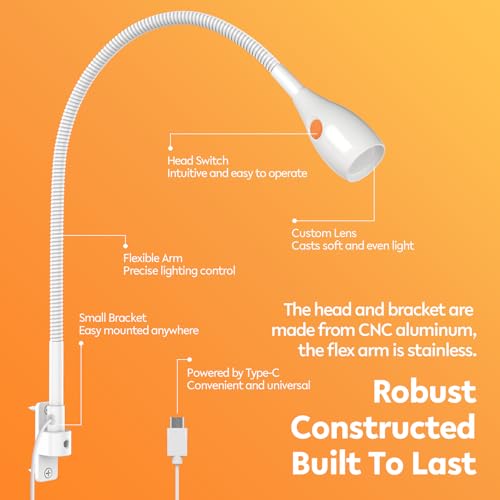 acegoo LED Leselampe Bett Vollmetall, Dimmbar Schwanenhals Lampe 3000K/Bernstein, Wandmontage Weiß mit Schalter Flexible, Drehbarer Leuchtenkopf für Buch Schlafzimmer (1 pack)