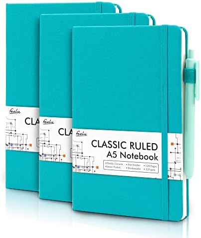 feela A5 Notebooks Hardback, Notepads A5 Ruled Lined (120 GSM), Journal Notebook Multipack with 3 Black Gel Pens for Business Work, Journaling, Note Taking, 3 Pack Per 128 Pages, 21 x 13 cm, Emerald