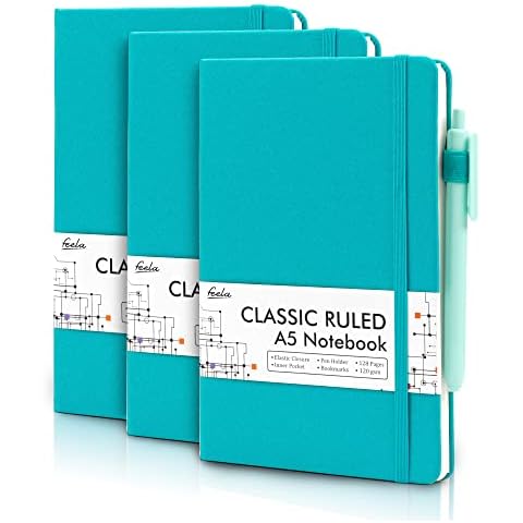 feela A5 Notebooks Hardback, Notepads A5 Ruled Lined (120 GSM), Journal Notebook Multipack with 3 Black Gel Pens for Business Work, Journaling, Note Taking, 3 Pack Per 128 Pages, 21 x 13 cm, Emerald Cover