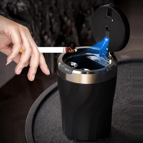 Auto Aschenbecher, Aschenbecher Auto mit Federabdeckel, Tragbarer Edelstahl rauchfreien Aschenbecher mit LED Licht, für Autos Van Outdoors Camping (Schwarz)