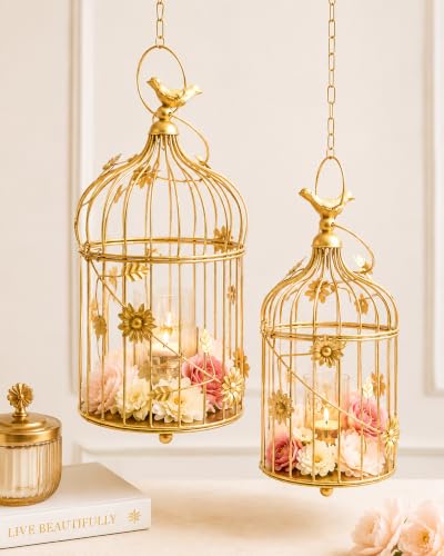 Image of Homesake Golden Metal Cage Tealight Candle Holder Set of 2 with Floral Vine Design & Hanging Chain, Decor Lantern for Home Decor, Living, Balcony, Wedding, Diwali Decoration, Return Gifts for Pooja