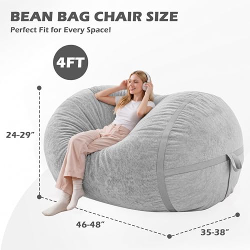 Image of 4FT Bean Bag Chair 4'Big Bean Bag Chairs with Adults, Large Beanbag Chair | Bean bag Lounger with Machine Washable Cover Luxurious Velvet Fabric, Comfy Chairs for Living Room, Bedroom, Dorm, Lightgrey