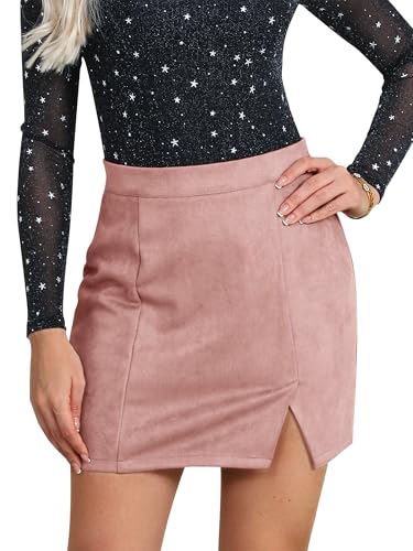 Ezcosplay Women Faux Suede Sexy Mini Skirt with Slit High Waisted Zipper Back Pencil Bodycon Short Skirts Pink