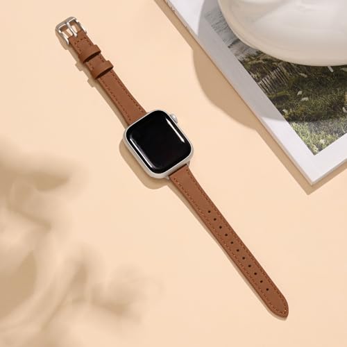 STIROLL Slim Leather Bands Compatible with Apple Watch Band 49mm 46mm 45mm 44mm 42mm(Series 3 2 1), Top Grain Leather Watch Thin Wristband for iWatch Ultra SE Series 11 10 9 8 7 6 5 4(Brown Silver) by STIROLL - Image 8