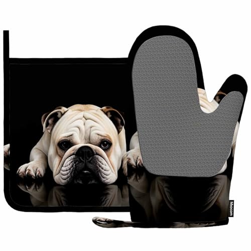 Mxocom Funny Dog Bulldog Oven Mitts and Pot Holders Sets Silicone Heat Resistant Kitchen Oven Gloves Pot Holder for Cooking