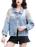 Himythe Women's See Through Floral Embroidery Lace Rhinestone Denim Jacket Long Sleave Cropped Jean