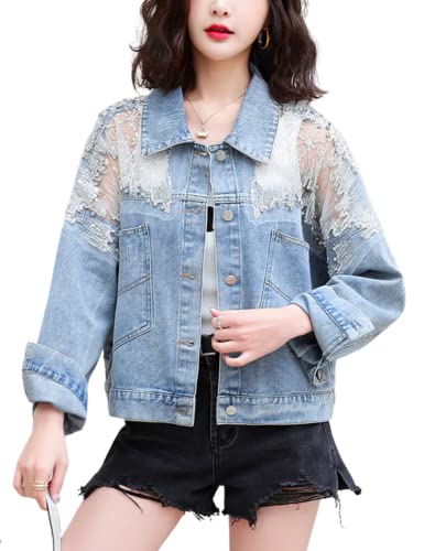 Himythe Women's See Through Floral Embroidery Lace Rhinestone Denim Jacket Long Sleave Cropped Jean Jacket Coat(0114-Blue-Xl) #TOP13
