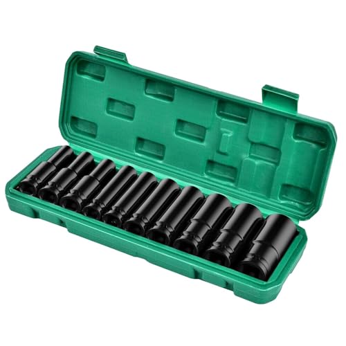Image of Inditrust 10 Pieces 1 /2-Inch Square Drive 78mm Deep Impact Socket Hex Set, 6-Point Standard Metric Sizes CR-V Steel 8mm to 24mm (10 in 1 impact socket set)