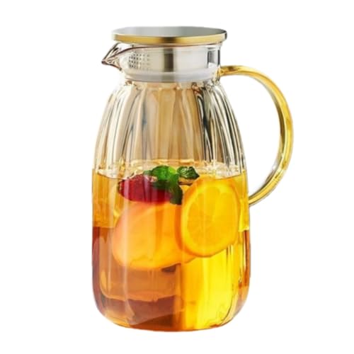 YAKINOポカロティー 麦茶ポット ピッチャー 2リットル 耐熱ガラス 紅茶 ポット ガラスウォーターピッチャー 冷水筒 むぎちゃ アイスティー フルーツティー 水 レモネード コーヒー用の冷たいカラフ エレガントでモダン 蓋付き 2000ml (透明)