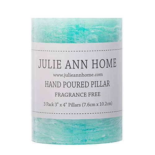 Unscented 3X4 Tall Pillar Candles – Set Of 3 Hand Poured Turquoise Wax Candles | Smokeless, Clean Burning Décor For Home, Weddings, Church, Events | Sea Breeze Blue #TOP4