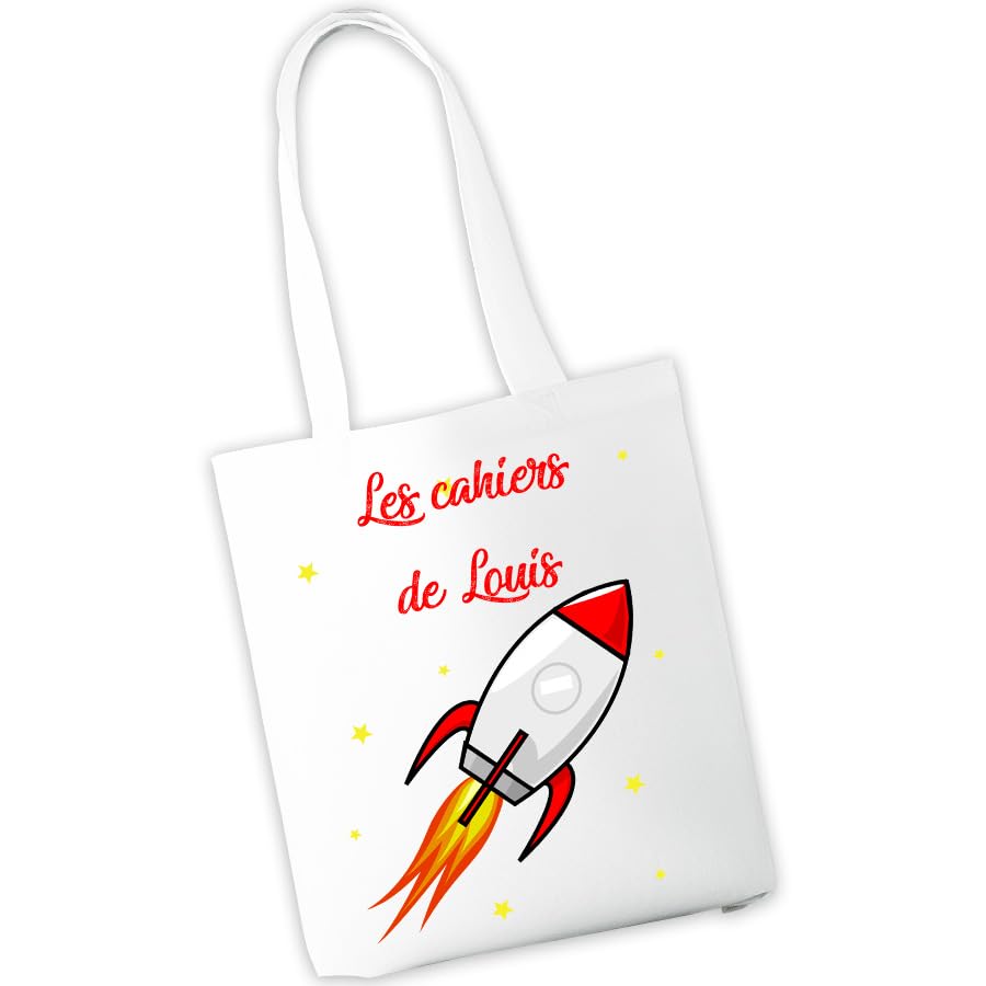 Sac à cahiers personnalisé - Sac de transport pour cahiers et livres d'école ou de bibliothèque - Prénom et motif au choix - Cadeau rentrée scolaire, maternelle, crèche, école (Fusée)