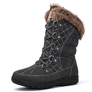 GLOBALWIN Women’s Warm Fur Lined Winter Snow Boots, Comfortable Lace-Up Mid Calf Waterproof Boots, Insulated Non-Slip Outdoor Booties Shoes for Women Gray 7.5M