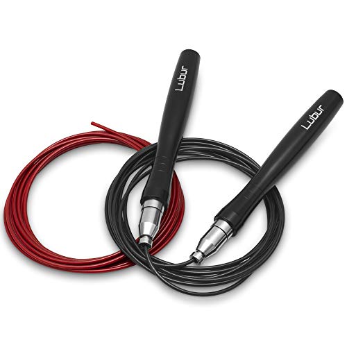 Lubur Comba de saltar – Comba premium con innovador sistema de bloqueo inteligente – profesional Skipping Rope de aluminio mango incluye 2 cables de alta velocidad para adultos