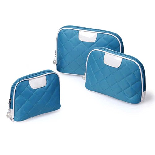 BMC 3 pc Cyan Blue Diamond Quilted Nylon Makeup Organizer Travel Case Cosmetic Bag Set