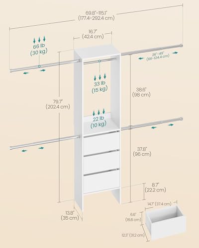 Image of SONGMICS Closet System, Customizable Walk-In Closet Organizer System with Adjustable Hanging Rods and Drawers, White, Fits Spaces 4-9.6 ft Wide URGR042WZ01S
