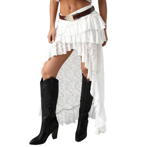 Women's Boho Lace Long Skirts Layered Ruffle Chiffon Maxi Skirts White