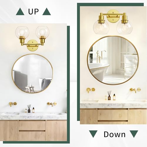 Image of 2 Light Bathroom Light Fixtures, Brushed Brass Bathroom Vanity Lights, Modern Vanity Lights 2-Light Globe Bathroom Vanity Lighting Fixture Over Mirror