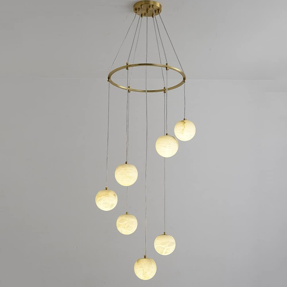 PCXEHUYP Staircase Chandeliers Duplex Chandelier Living Dining Room Pendant Light Copper Marble Cover Spiral Stairwell Suspension Ceiling Lights Fixtures G9*7/9/11(9lights)
