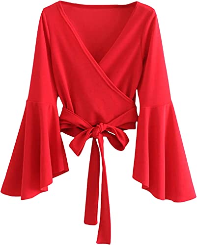 Image of TASHVIKA'S Women's Long Sleeve V Neck Tie Knot Wrap Blouse Top
