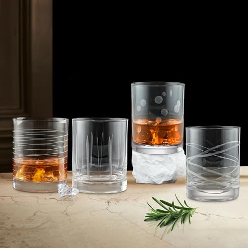 Joeyan YKG0069D Hand Blown Etched Whiskey Glasses,Old Fashioned Tumblers With Stripes Dots Pattern,Clear Carved Rocks Glasses,Scotch Bourbon Glassware thumb #4