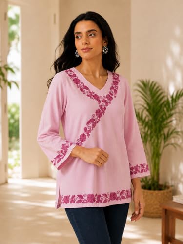Image of QAZMI Women's Aari Embroidered Viscose Rayon V-Neck Full Sleeves Short Kurti
