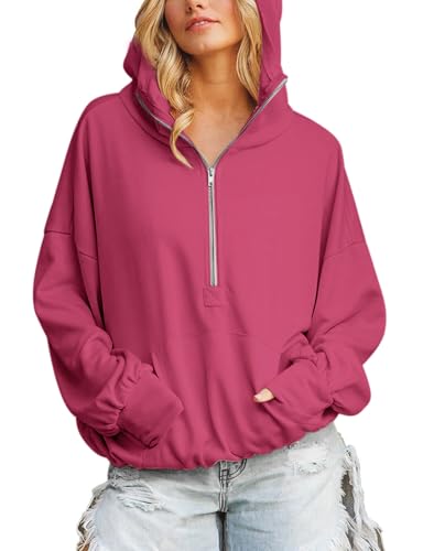 Half Hidden Women Fall Fashion Outfits Oversized Hoodies Sweatshirt Casual Long Sleeve Sweatshirt Pullover Zip Up Hoodies Rose Large