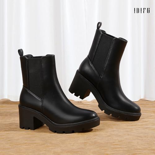 IDIFU IN3 Chelsea Boots Women Slip on Chunky High Heel Ankle Boots Waterproof Formal Casual Cute Dress Booties Comfortable Fashion Dressy Elastic Platform Fall Lug Sole Heeled Boots4