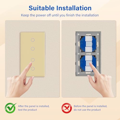BSEED Touch Lichtschalter 2 Fach 2 Wege mit 2 Fach 2 Wege Glas Lichtschalter Gold Led Touch Schalter Touchscreen Funktioniert mit LED Lampe 157mm EU Standard