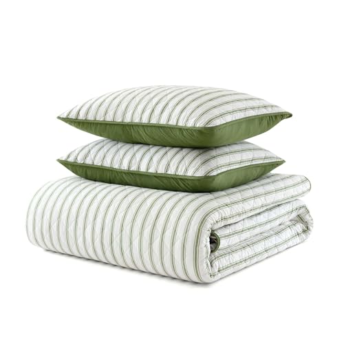 Image of Martha Stewart - King Quilt Set, 100% Soft & Breathable Bedding with a Lightweight Feel for Year Round Comfort, 3 Piece Bed Set with Matching Pillowcases (Ticking Stripe Green)