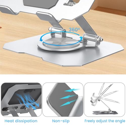 Image of Zibuyu Tablet Stand, Adjustable Height, 360 Rotatable Base, Foldable Metal Tablet Stand for Table, Universal Desk Tablet Dock, Supports Up to 12'', Silver