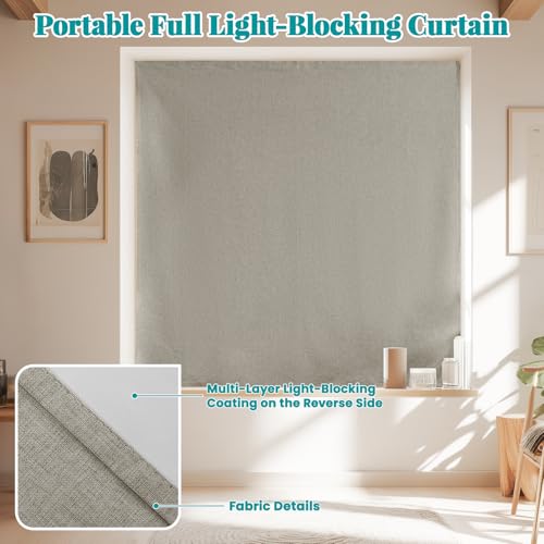Image of 100% Blackout Self Adhesive Curtains, Black Out Shade for Window, Fabric Temporary Window Coverings Easy to Hang Curtains No Rod Needed, Use for Room, Kitchen, W52 x L60 inch, 1 Panel, Light Brown