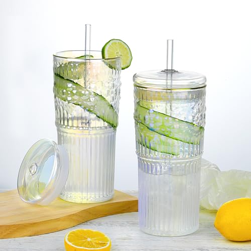 Glass Cups with Lids and Straws, 24OZ Iced Coffee Cup